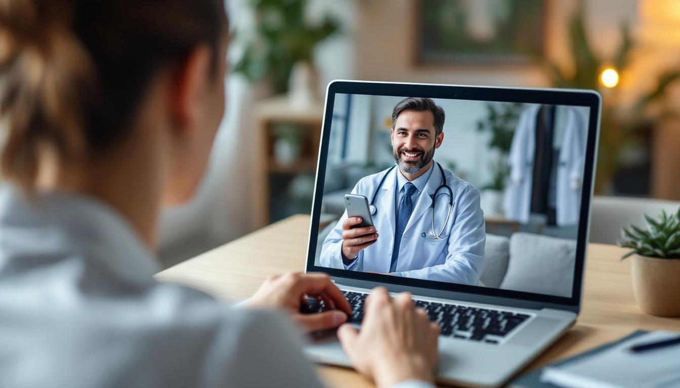 Paciente em consulta de telemedicina com médico via videochamada no laptop