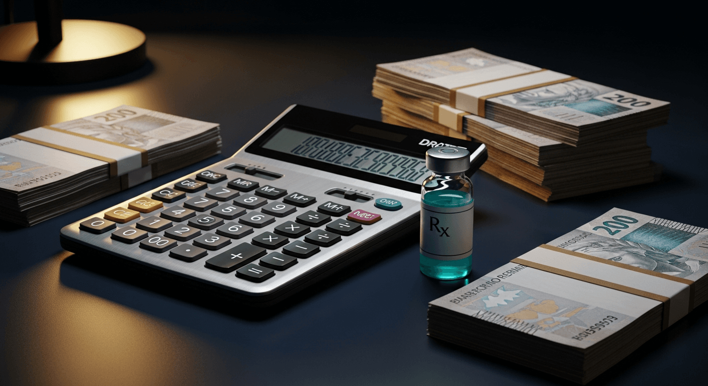 Calculadora e medicamentos GLP-1 representando custo do tratamento de emagrecimento