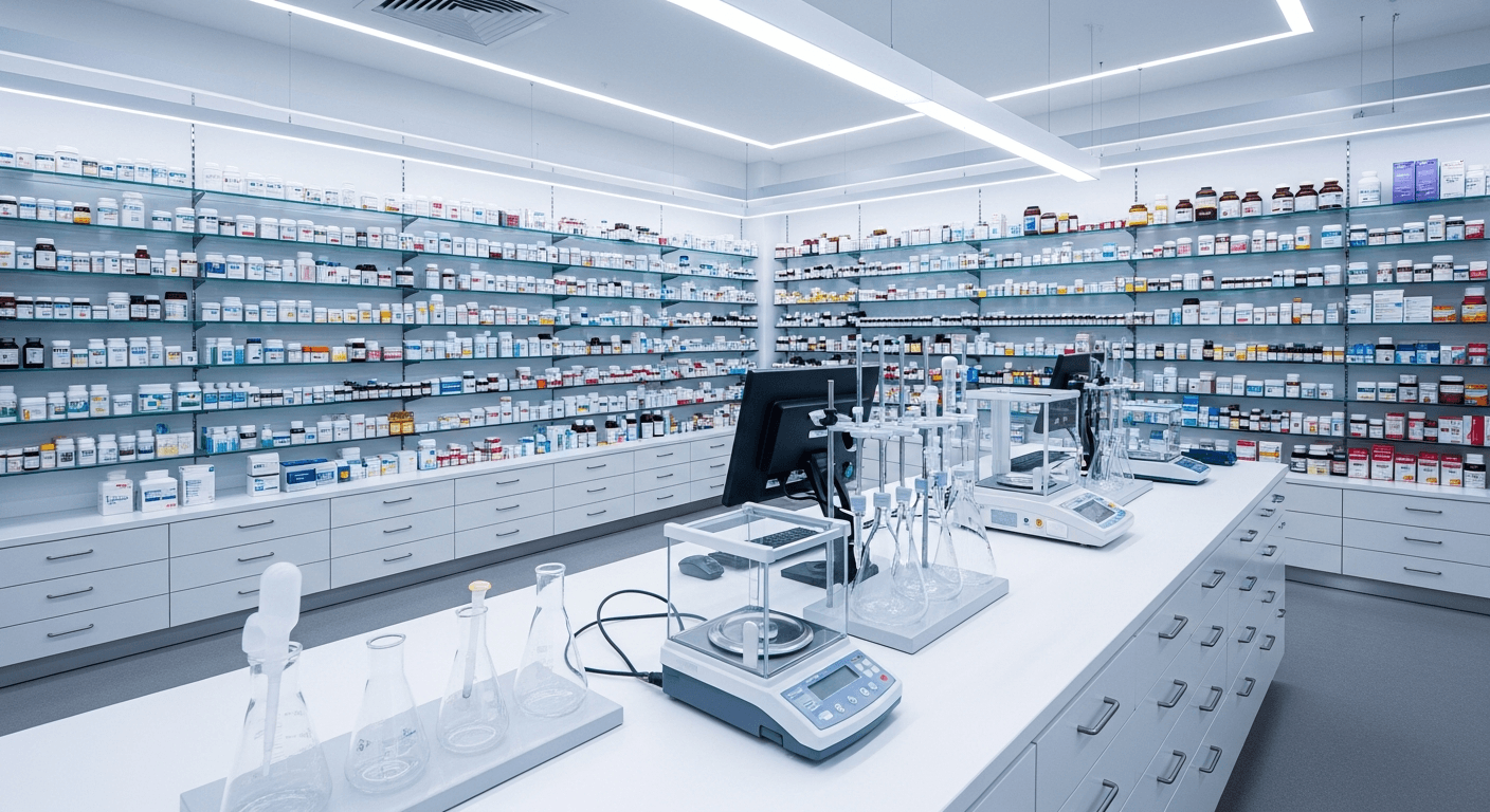 Frasco de semaglutida manipulada ao lado de seringa em ambiente farmacêutico