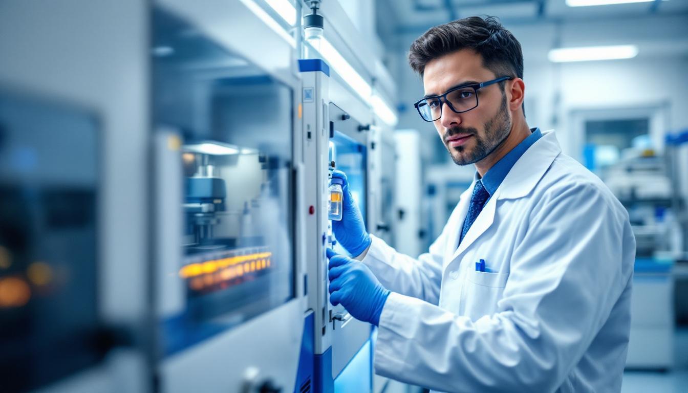 Cientista em laboratório farmacêutico credenciado ANVISA com equipamento de controle de qualidade